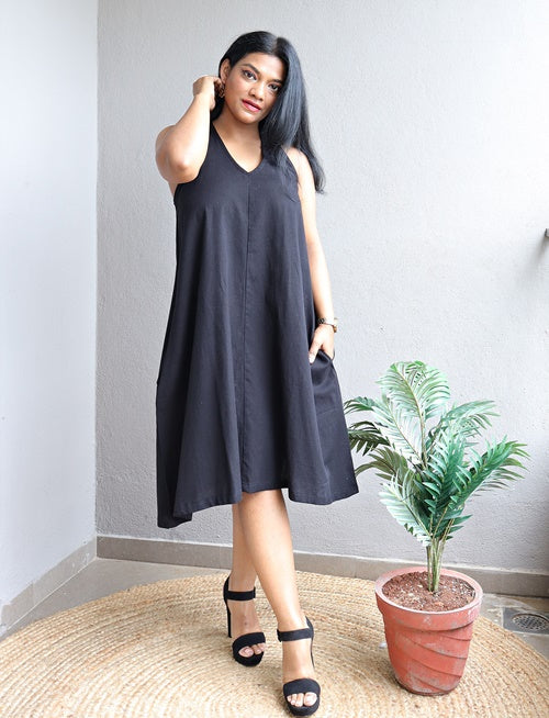 Black A Line Halter Neck Handloom Cotton Dress