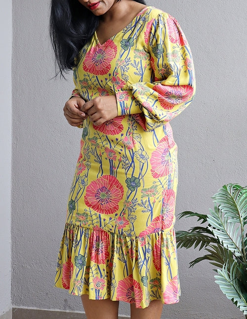 Yellow Floral Cotton Viscose Block Printed Dress