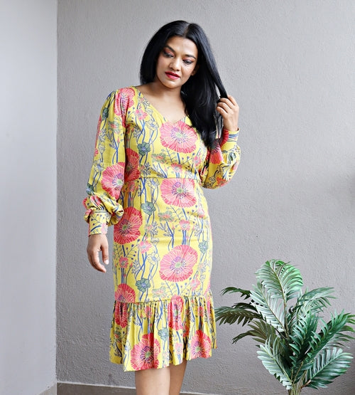 Yellow Floral Cotton Viscose Block Printed Dress