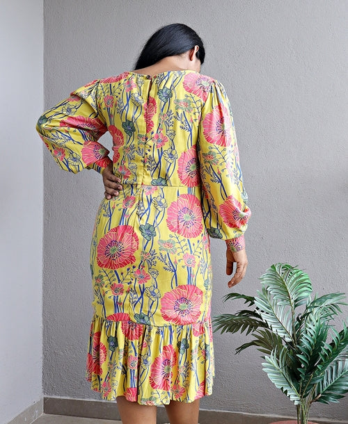 Yellow Floral Cotton Viscose Block Printed Dress