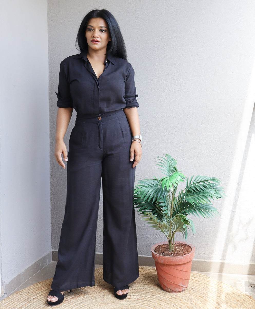 Co-Ord Set Black Linen Shirt and Handloom Cotton Wide Leg Pants