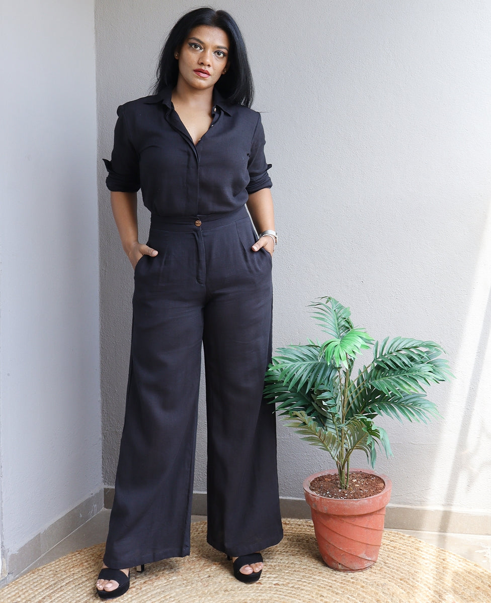 Co-Ord Set Black Linen Shirt and Handloom Cotton Wide Leg Pants