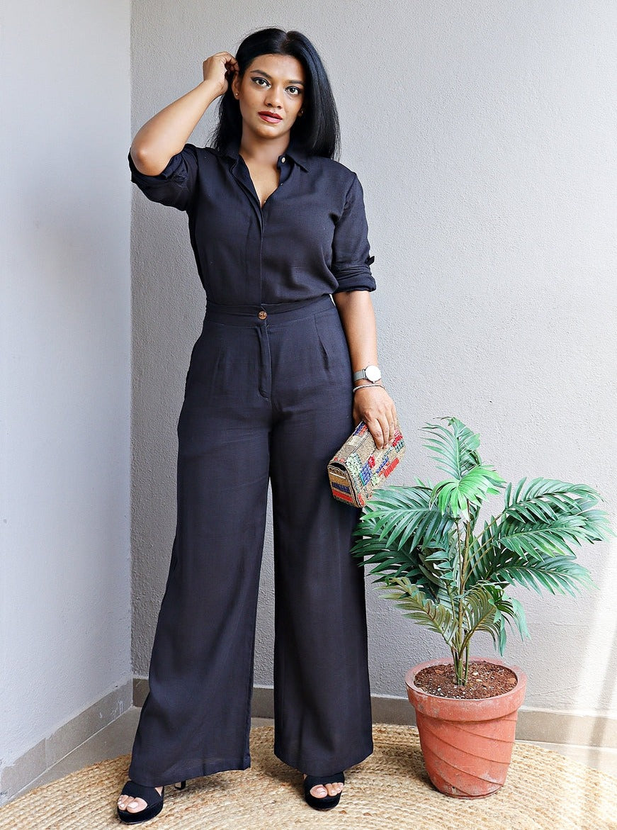 Black Linen Shirt and Wide Leg Handloom Cotton Pants