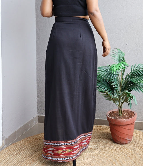Black Handloom Cotton Maxi Skirt With Ikat Border