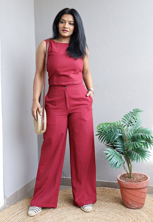 Co-Ord Set Maroon Crop Top and Wide Leg Pants