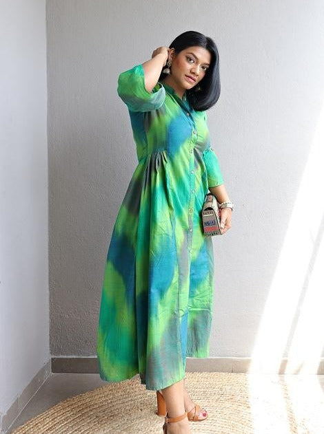 Green Ikat Cotton Silk Ankle Length Maxi Dress Green Ikat Cotton Silk Ankle Length Maxi Dress