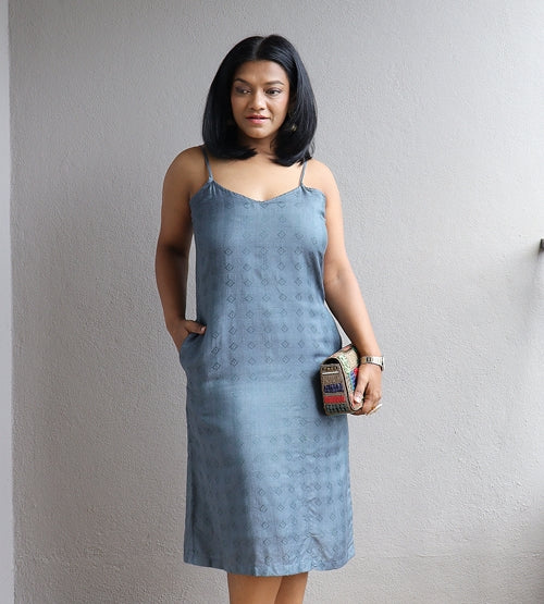 Grey Self Patterned Silk Slip Dress