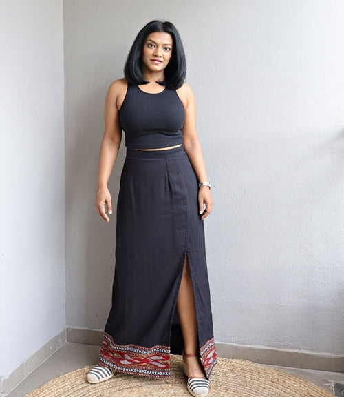 Black Handloom Cotton Maxi Skirt With Ikat Border