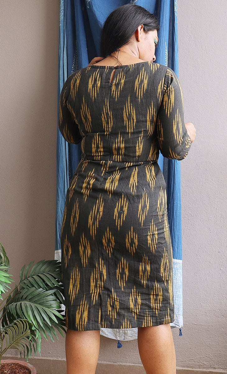 Black and Mustard Handwoven Ikat Sheath Dress with Slit (Black and Gold)