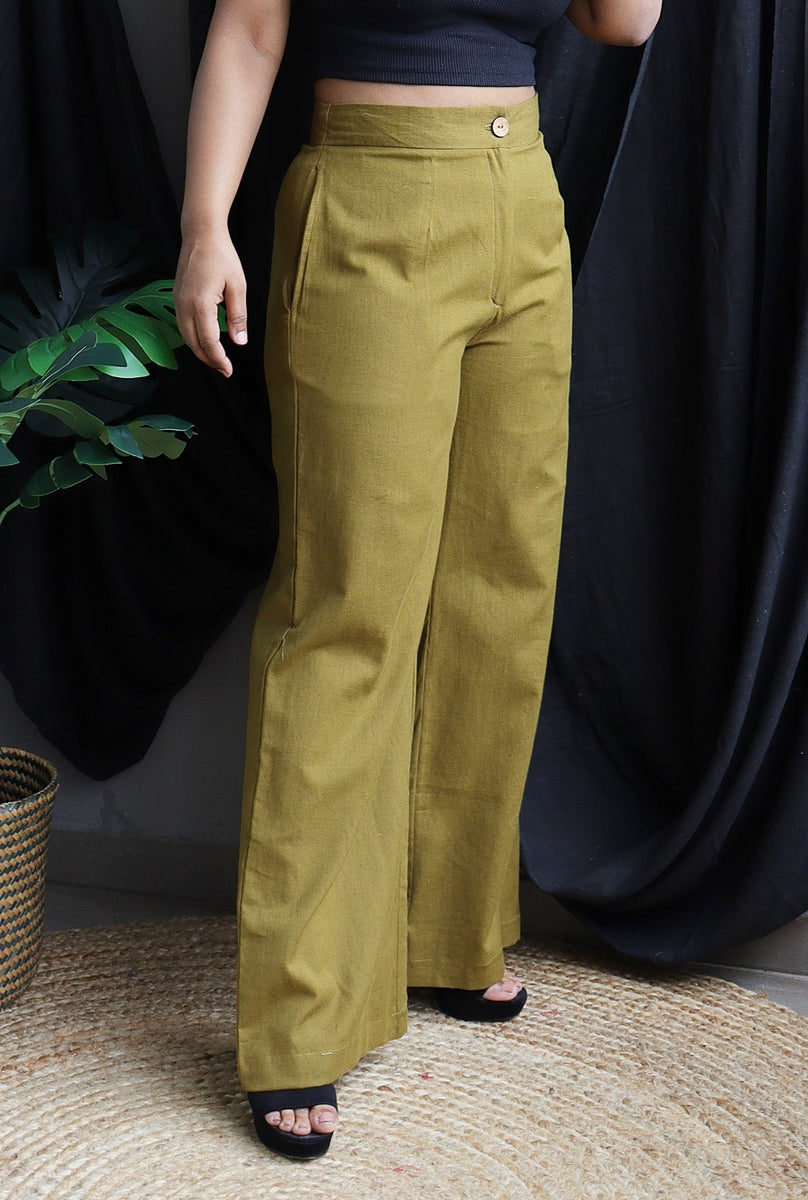Olive Green Handloom Cotton Wide Leg Pants