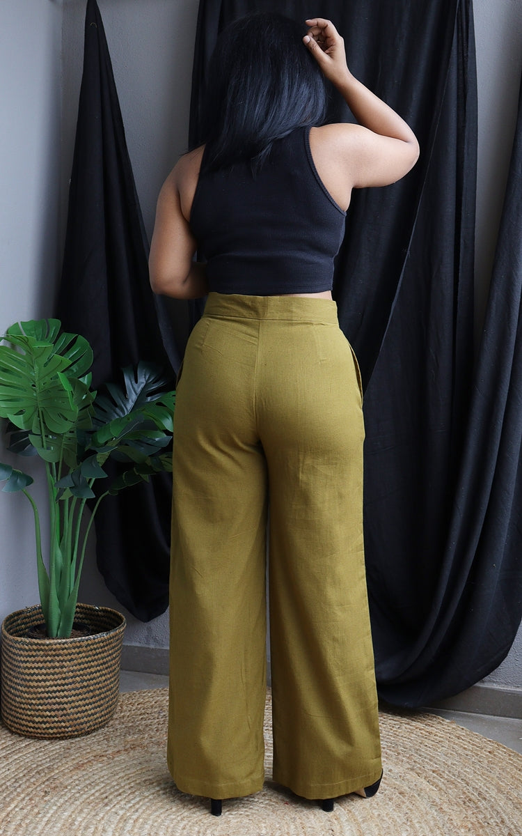 Olive Green Handloom Cotton Wide Leg Pants