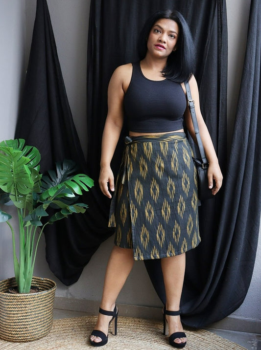 Black Ikat Cotton Wrap Skirt