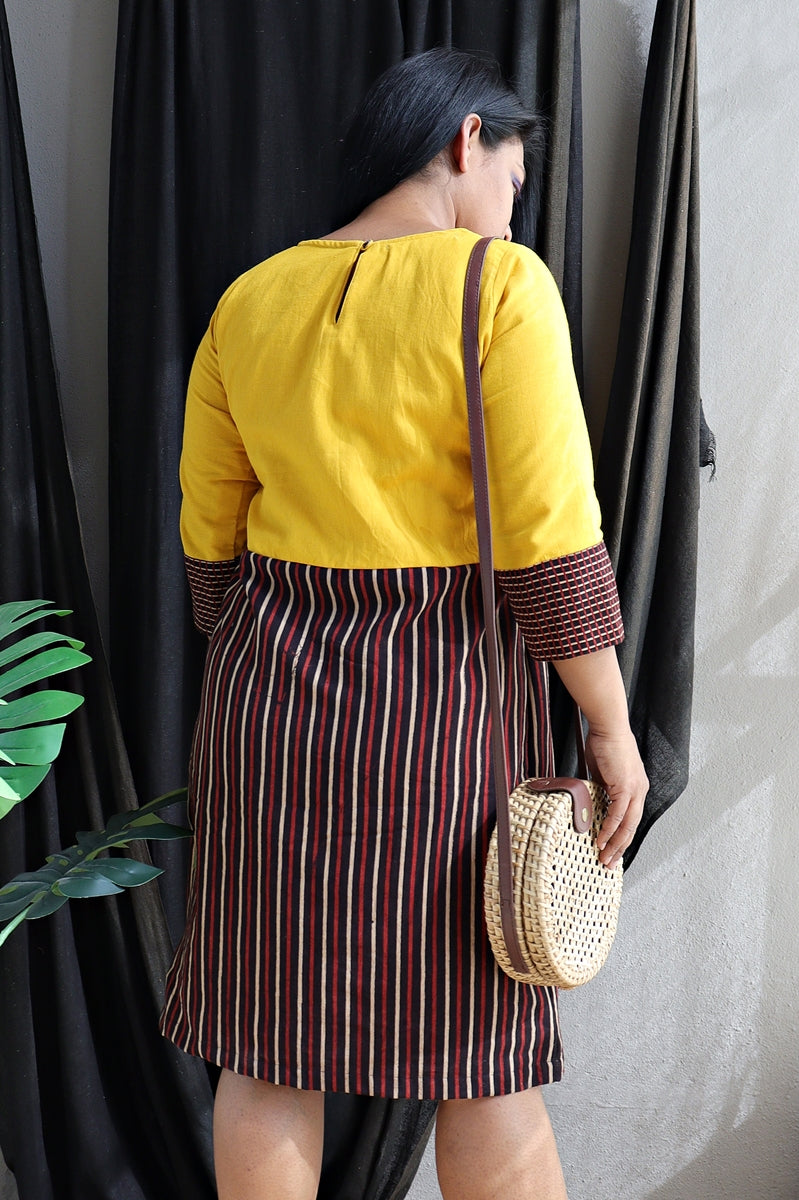 Yellow and Stripped Handloom Cotton Shift Dress (Lines of the Sun)