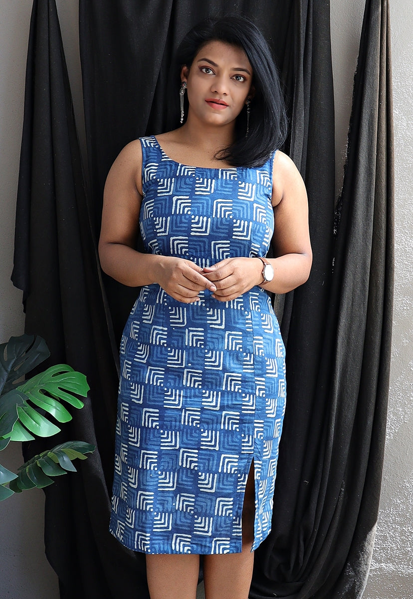 Indigo Hand Block Printed Handloom Cotton Dress with Slit (Neel Desher Taara)