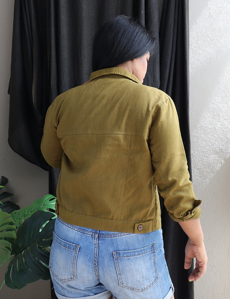 Olive Green Handloom Cotton Cropped Jacket