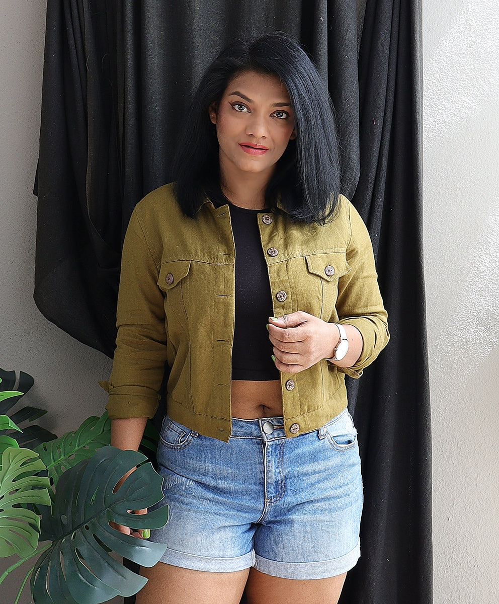 Olive Green Handloom Cotton Cropped Jacket