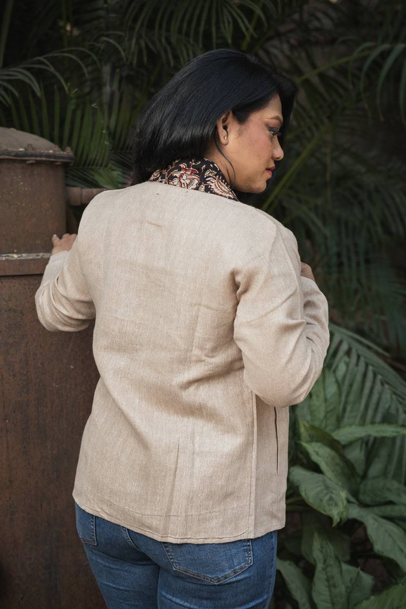 Beige Kalamkari Panel Jute  Cotton Jacket