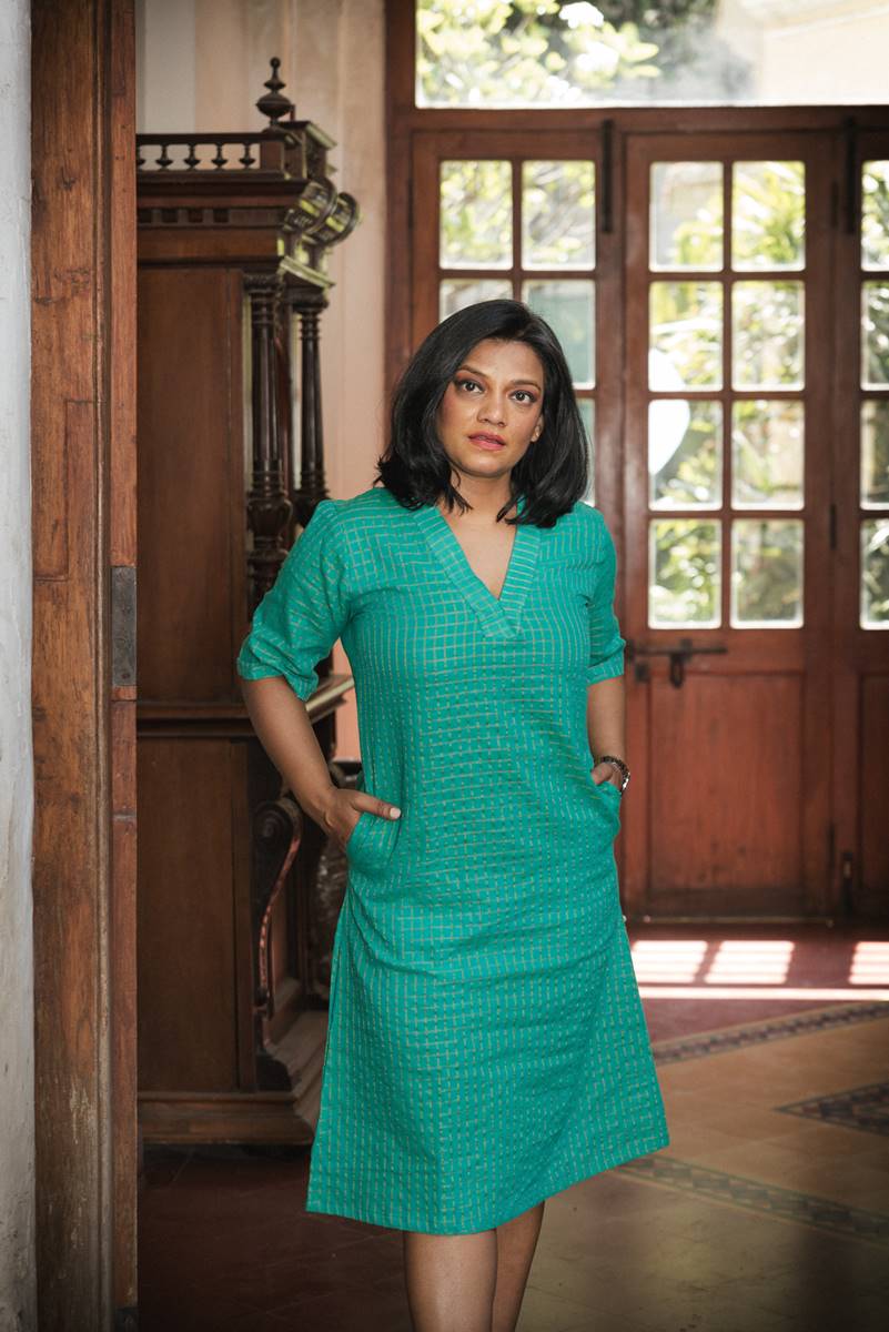 Teal Green Cotton Silk V Neck Shift Dress