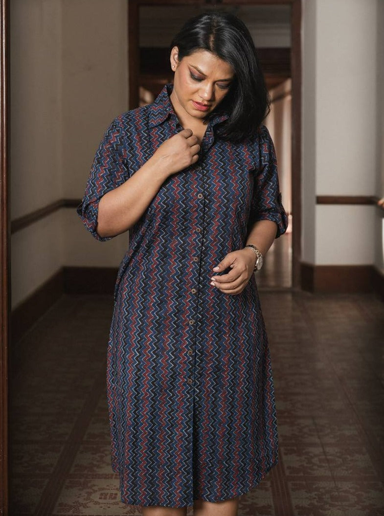 Indigo Chevron Cotton Shirt Dress