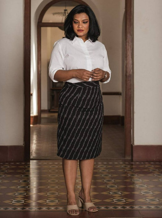 Set of Two White Linen Shirt and Black Handwoven Pencil Skirt