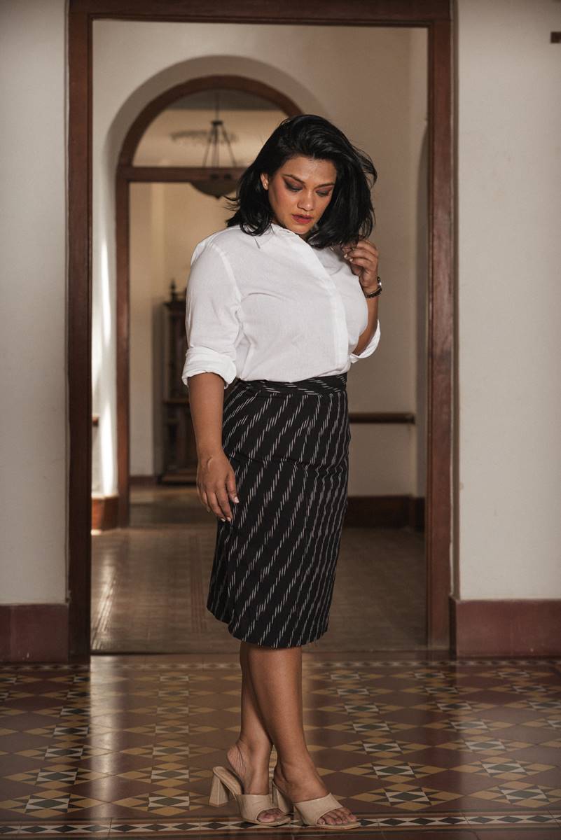Set of Two White Linen Shirt and Black Handwoven Pencil Skirt