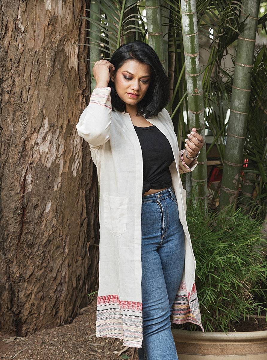 Kora Cotton Handloom Longline Jacket with Woven Border