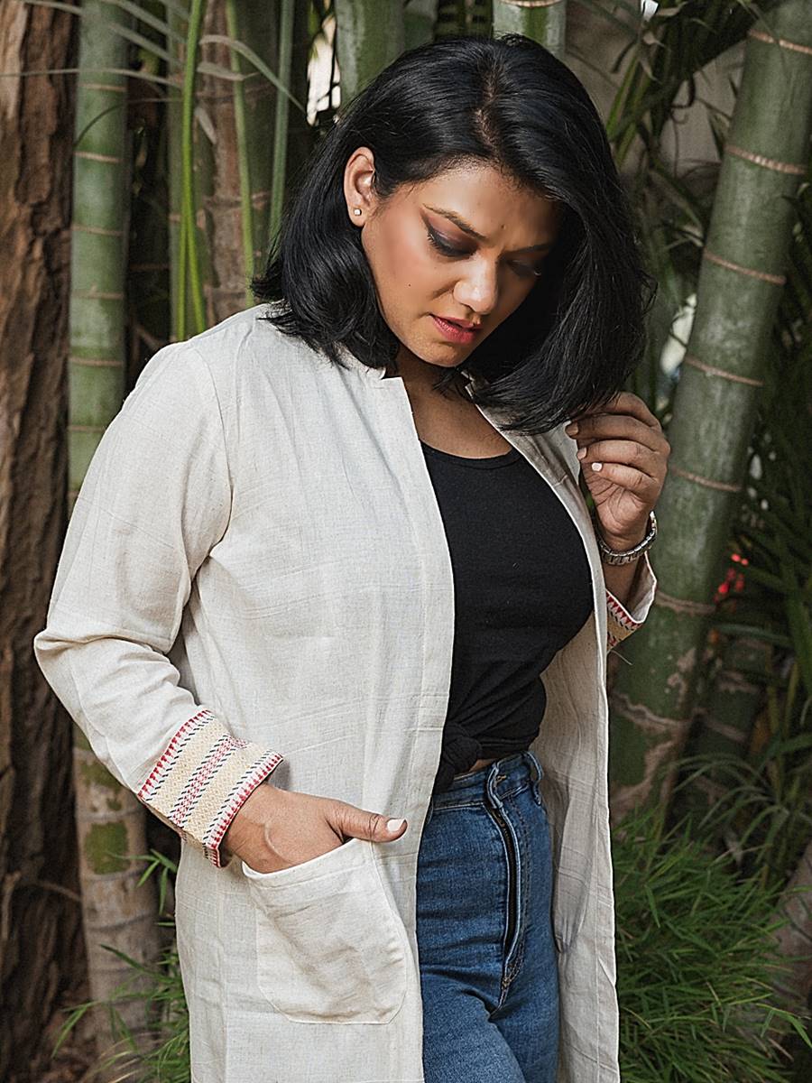 Kora Cotton Handloom Longline Jacket with Woven Border