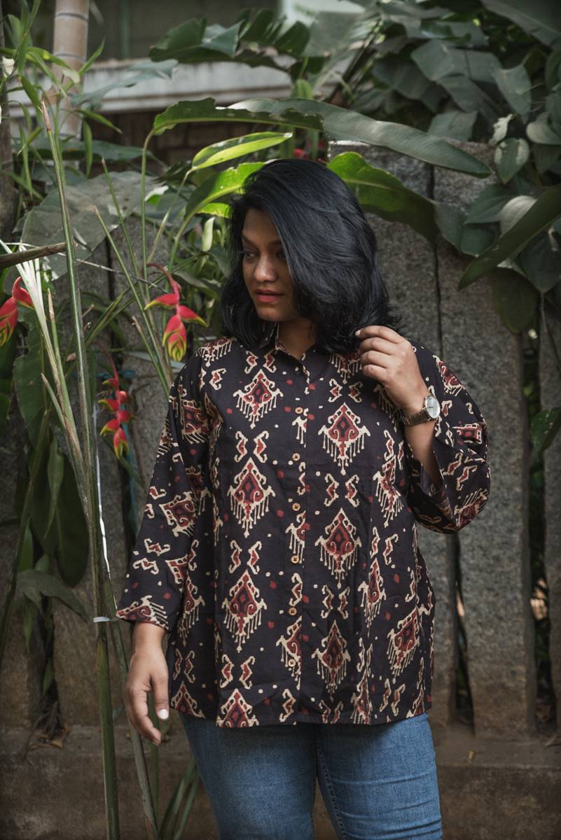 Black Printed Free Size Handloom Cotton Shirt