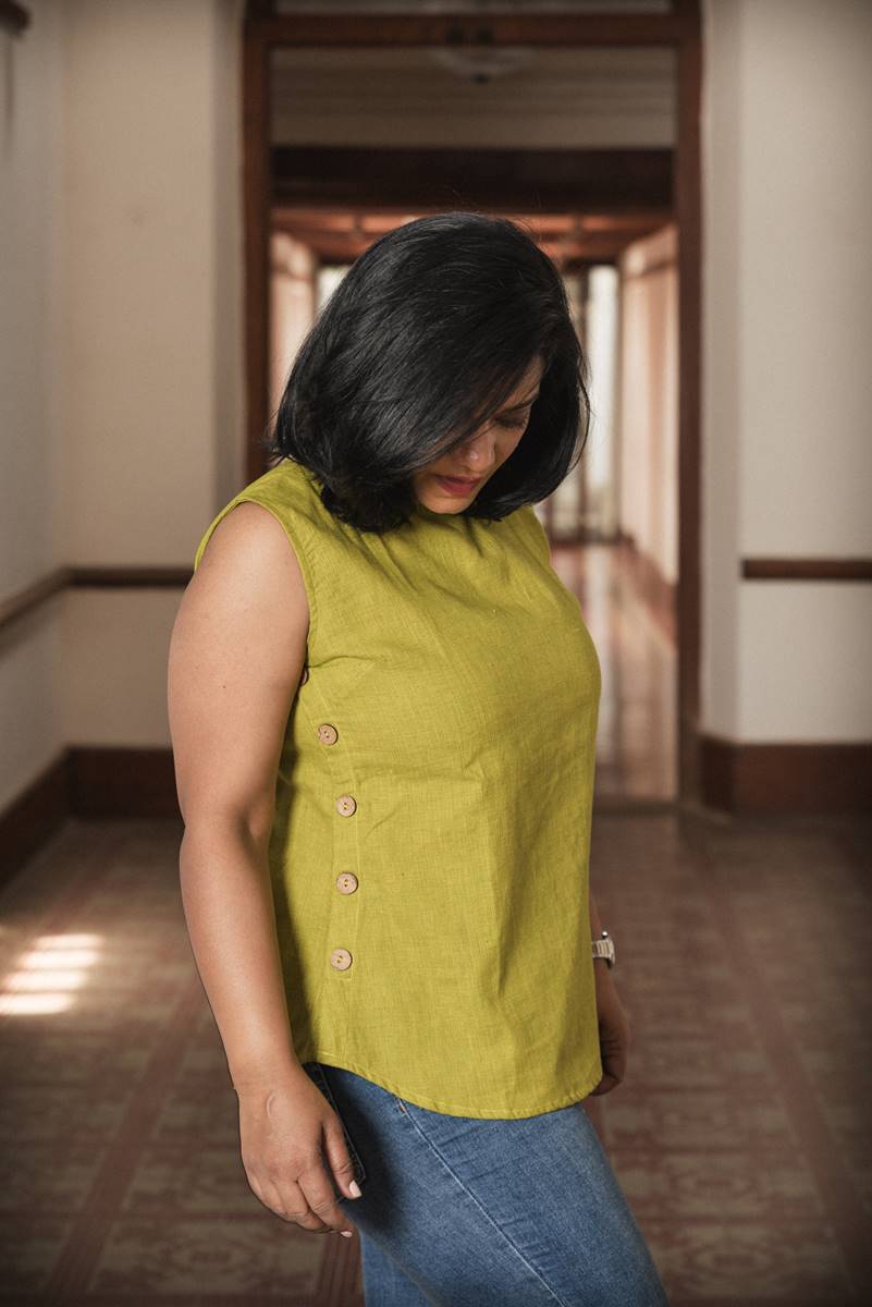 Green Cotton Shell Top with Side Buttons