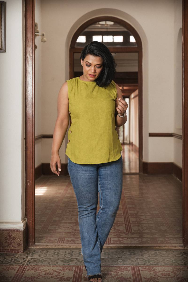 Green Cotton Shell Top with Side Buttons