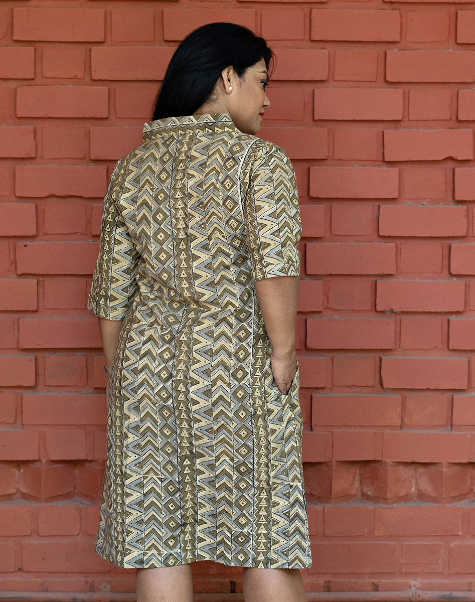 Olive Green Printed Handwoven Cotton Shift Dress