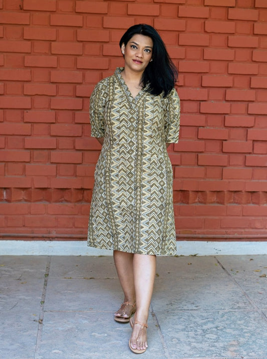 Olive Green Printed Handwoven Cotton Shift Dress
