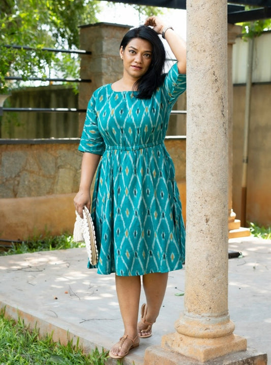 Teal Handwoven Ikat Cotton A Line Dress