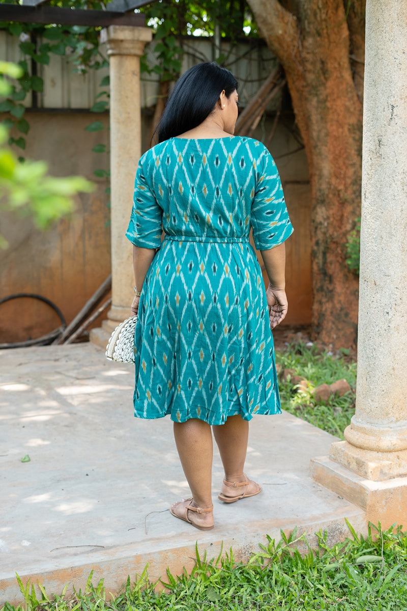 Lily of the Nile Teal Handwoven Ikat Cotton A Line Dress