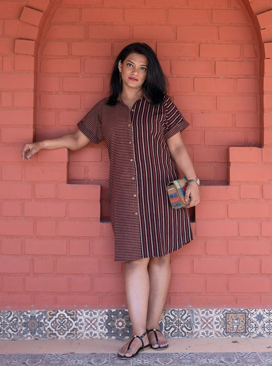 Tic Tac Toe Red and Black Printed Handloom Cotton Shirt Dress