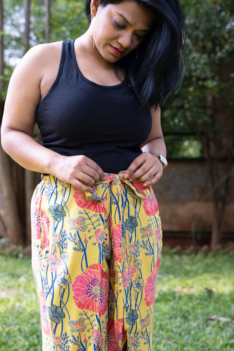 Dali Mustard Floral Wrap Pants with Pockets – Madhurima Bhattacharjee