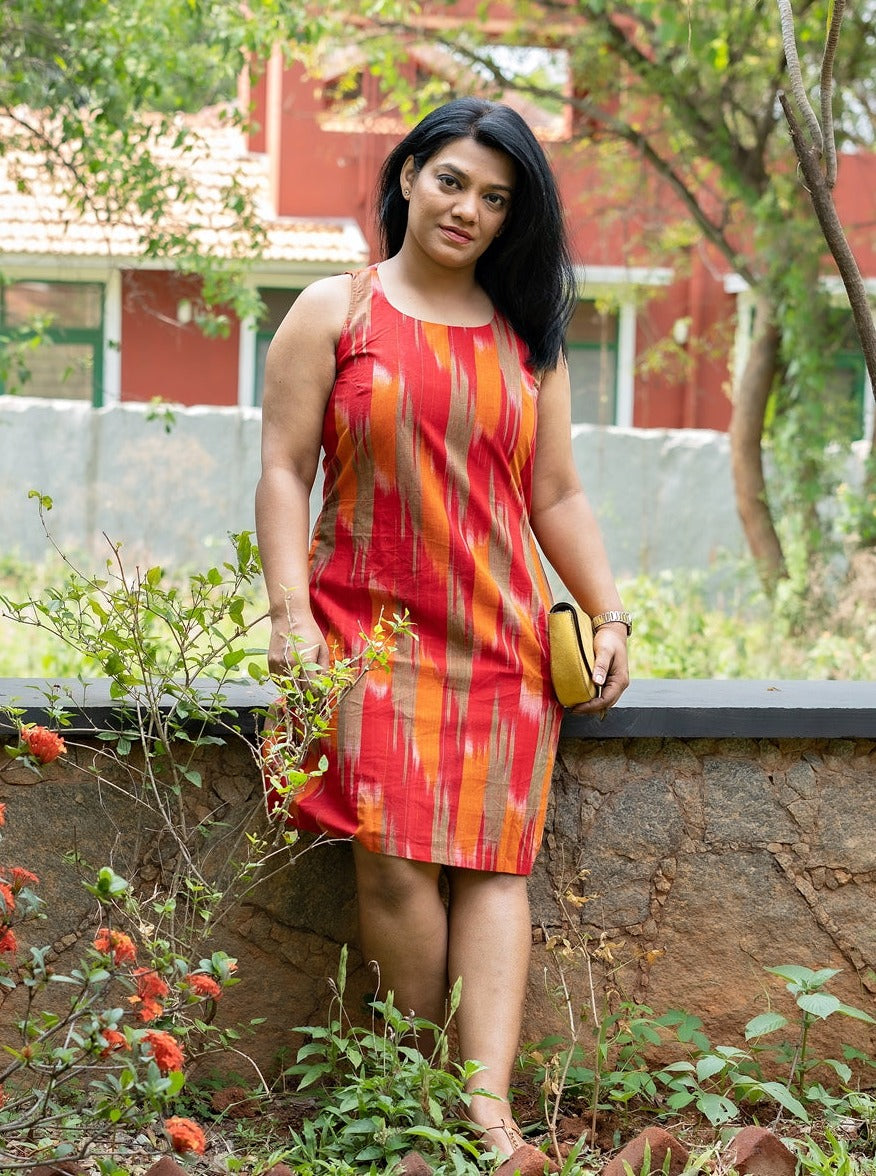 Red Handwoven Ikat Shift Dress