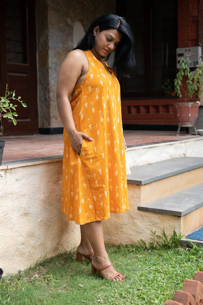 Marigold Orange Handwoven Ikat Halter Cotton Dress