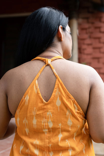 Marigold Orange Handwoven Ikat Halter Cotton Dress