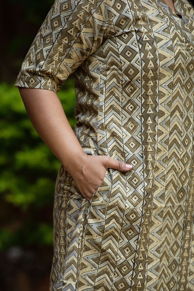 Olive Green Printed Handwoven Cotton Shift Dress