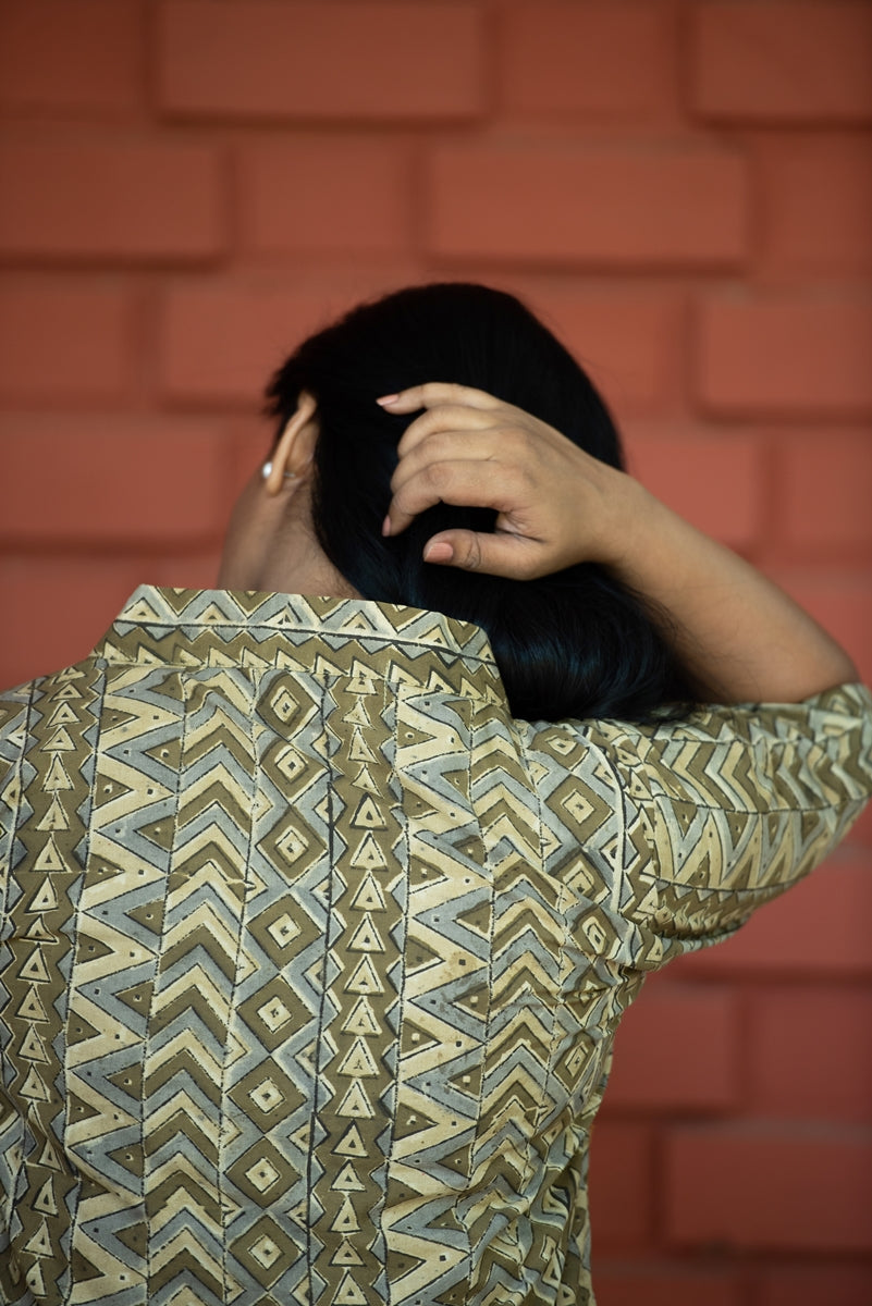 Olive Green Printed Handwoven Cotton Shift Dress