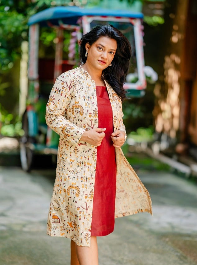 Cream Warli Silk Longline Jacket