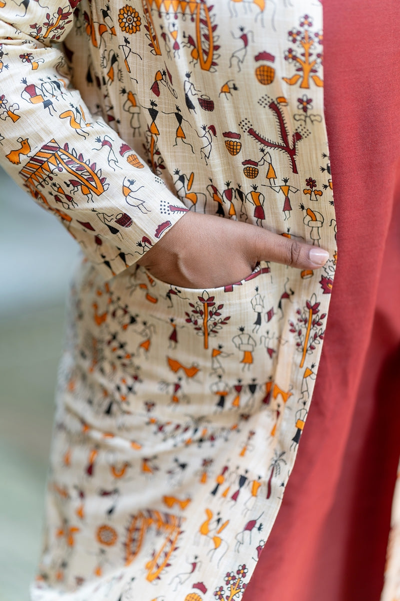 Cream Warli Silk Longline Jacket