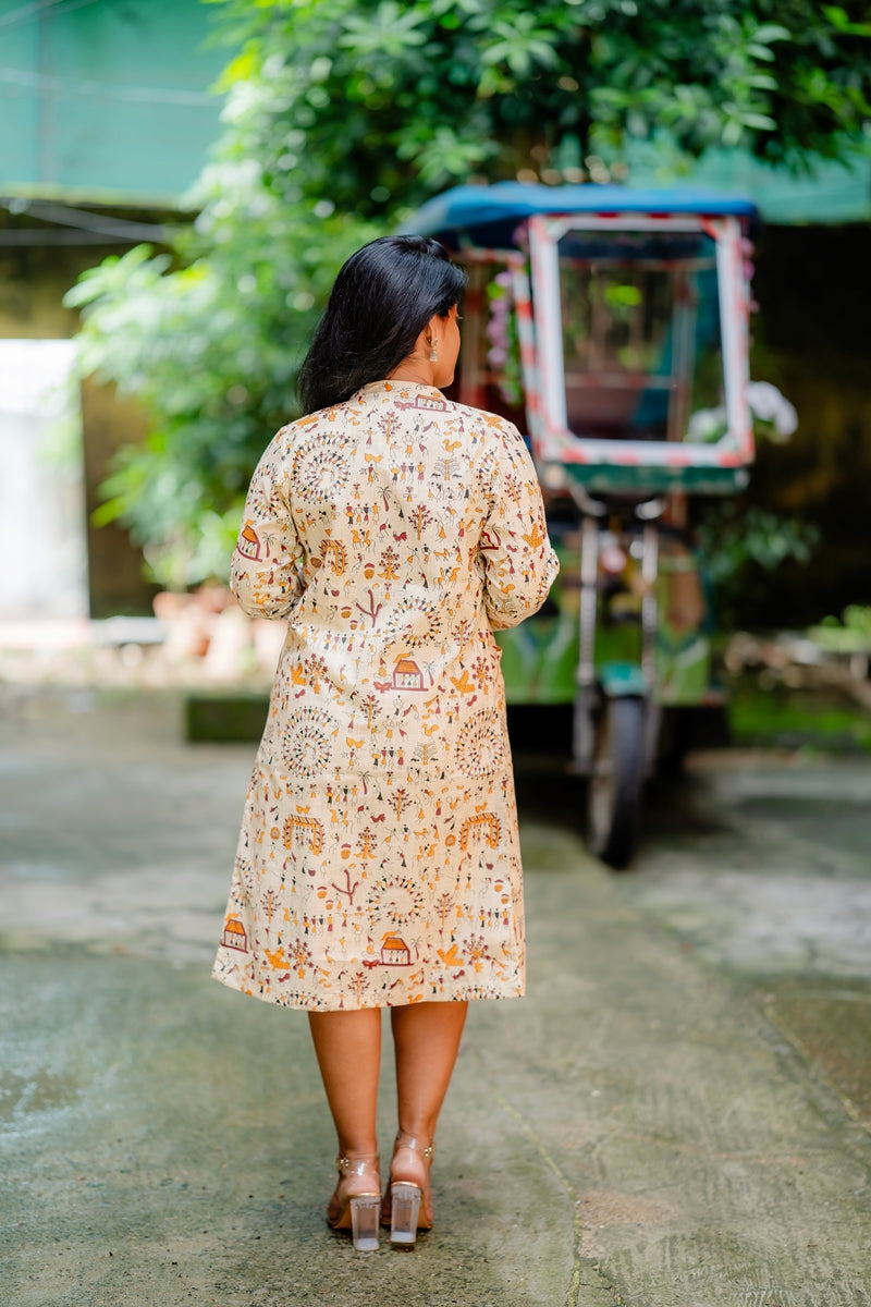 Cream Warli Silk Longline Jacket