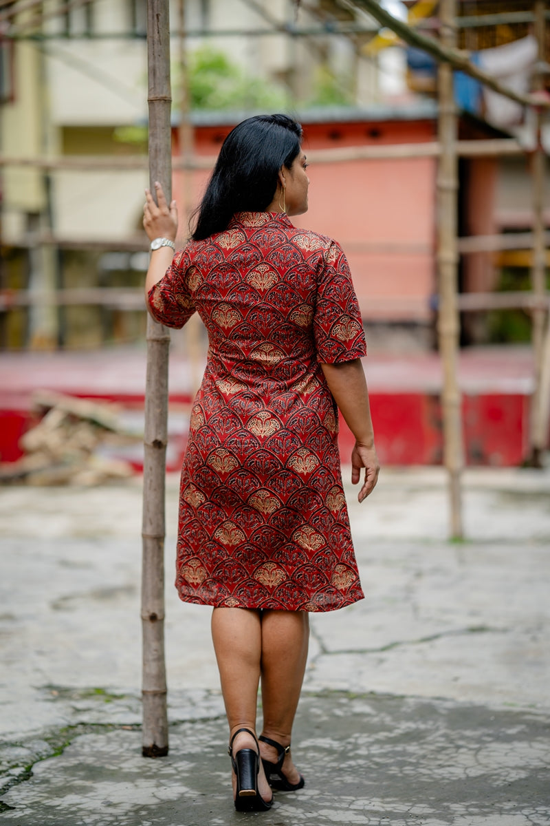 Nalika Rust Red Gold Printed Shift Dress