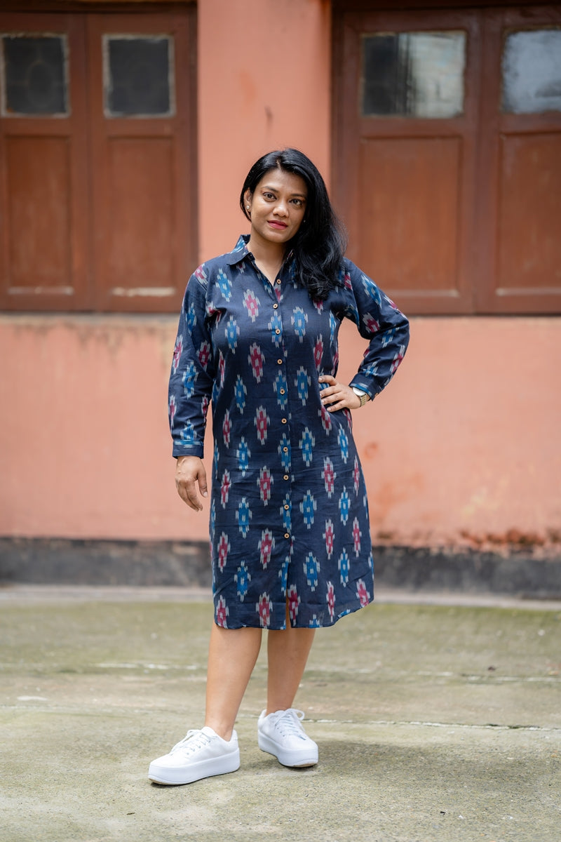 Blue Orchid Handwoven Ikat Cotton Shirt Dress