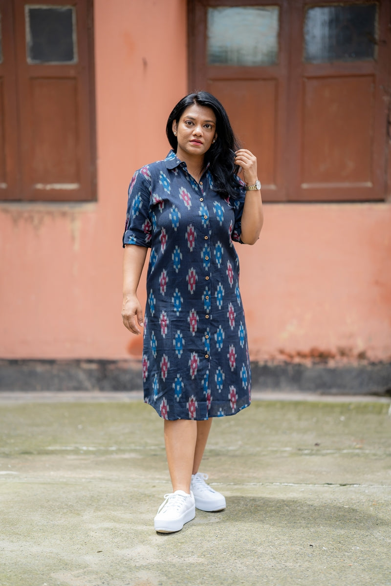 Blue Orchid Handwoven Ikat Cotton Shirt Dress