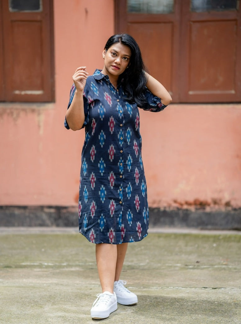 Blue Orchid Handwoven Ikat Cotton Shirt Dress