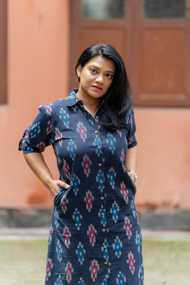 Blue Orchid Handwoven Ikat Cotton Shirt Dress