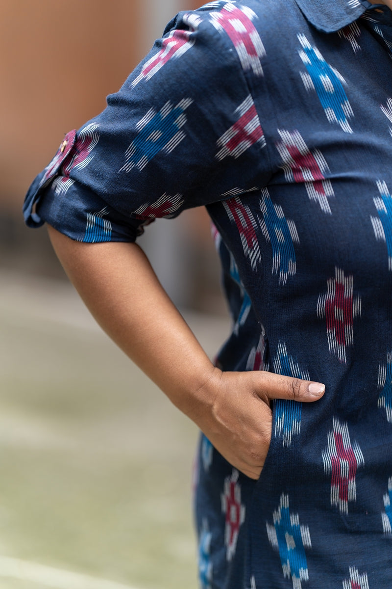 Blue Orchid Handwoven Ikat Cotton Shirt Dress